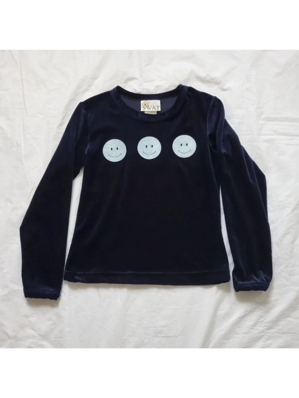 SWAT Brand Kids Girls Glittery Smiley Front Velvet Long Sleeve Blouse Sz Medium - Picture 8 of 9